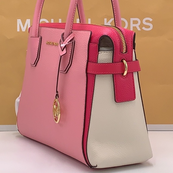 MICHAEL KORS Mercer Md Top ZipColor-Block Belted Satchel Crossbody Purse El Pink - Picture 4 of 16